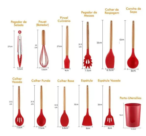 Kit 12 Peças de Utensílios de Cozinha em Silicone com Suporte - Livre de BPA e Antiaderente