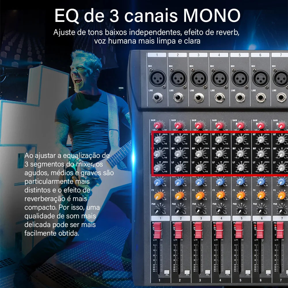 Console de Mixagem Portátil 12 Canais Digital com Entrada USB e MP3 - Mixer de Áudio para Karaokê e Transmissão