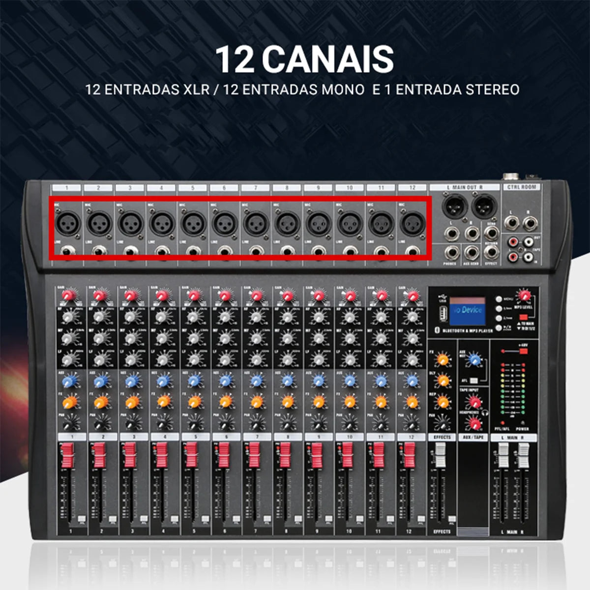 Console de Mixagem Portátil 12 Canais Digital com Entrada USB e MP3 - Mixer de Áudio para Karaokê e Transmissão