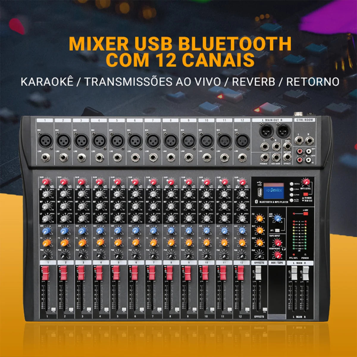 Console de Mixagem Portátil 12 Canais Digital com Entrada USB e MP3 - Mixer de Áudio para Karaokê e Transmissão