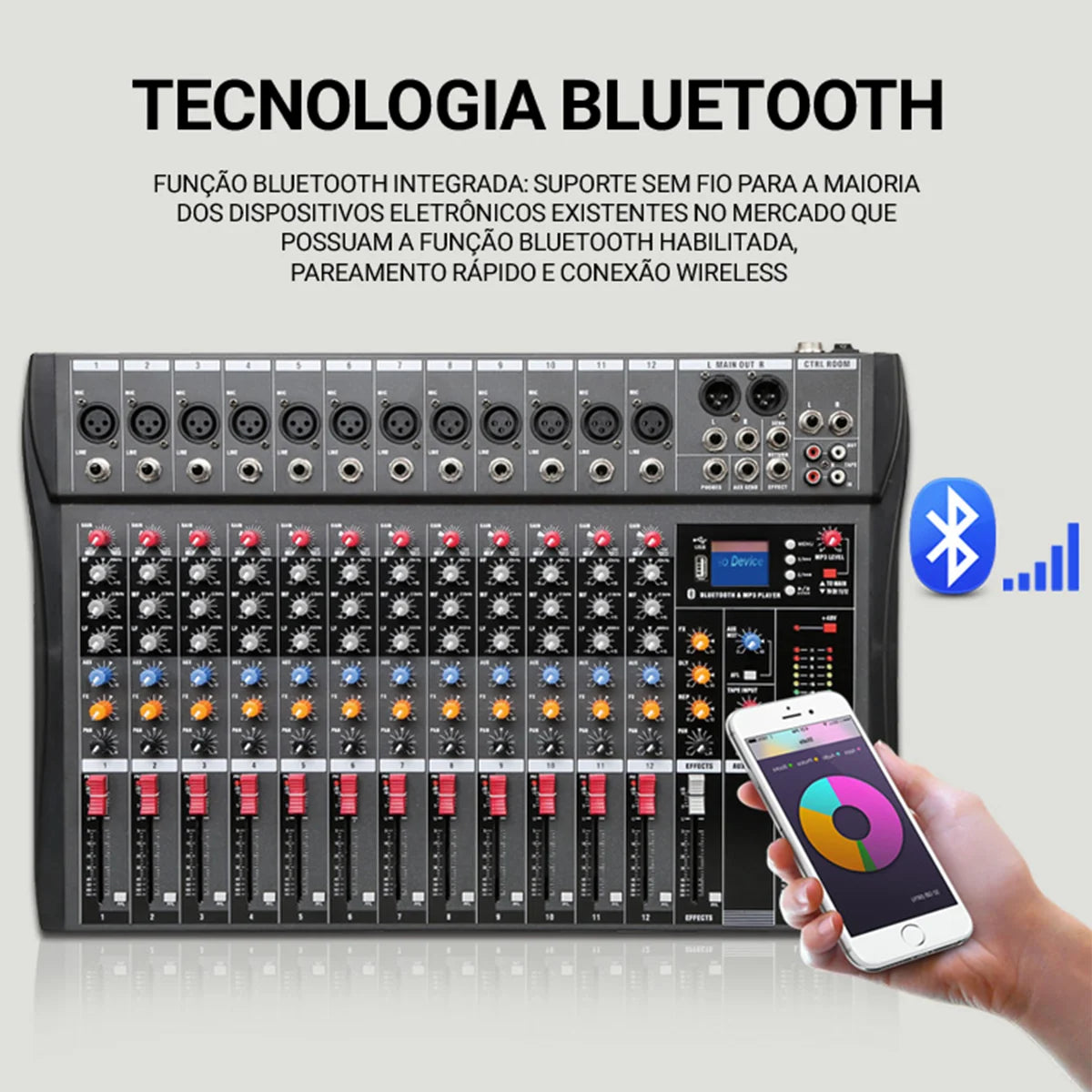 Console de Mixagem Portátil 12 Canais Digital com Entrada USB e MP3 - Mixer de Áudio para Karaokê e Transmissão