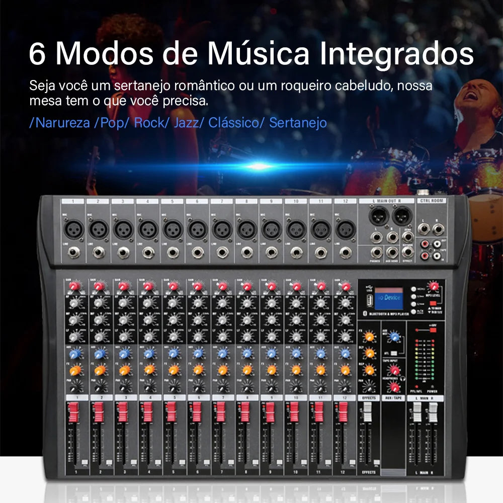 Console de Mixagem Portátil 12 Canais Digital com Entrada USB e MP3 - Mixer de Áudio para Karaokê e Transmissão