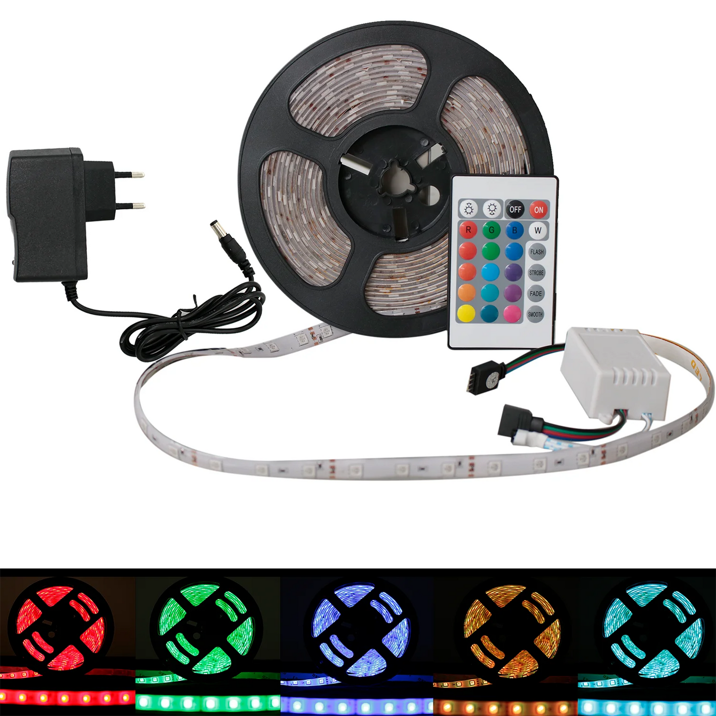 Fita LED RGB 5050 5m IP65 - Controle Remoto e Fonte 12V Bivolt