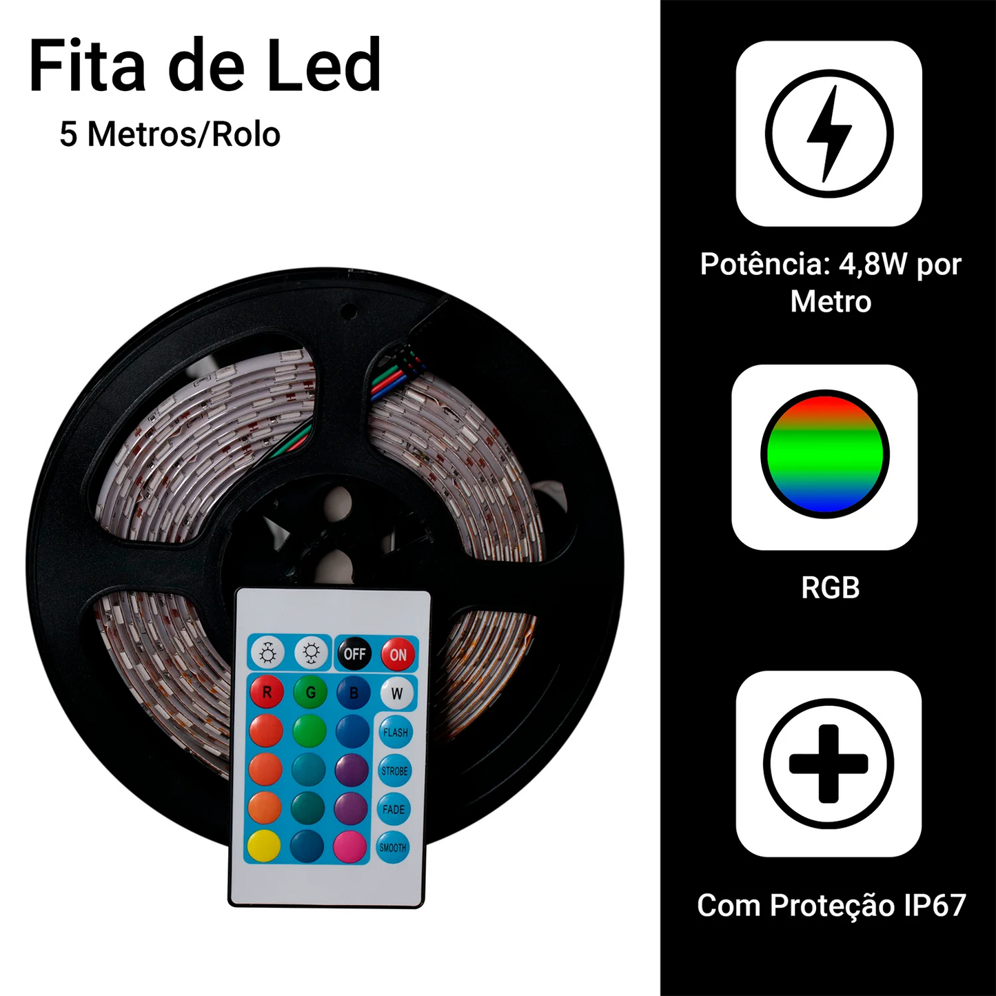 Fita LED RGB 5050 5m IP65 - Controle Remoto e Fonte 12V Bivolt